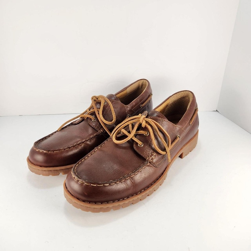 Born Men's Size 13M Brown Leather Boat Shoes Moc Toe Lace-Up Lug Sole